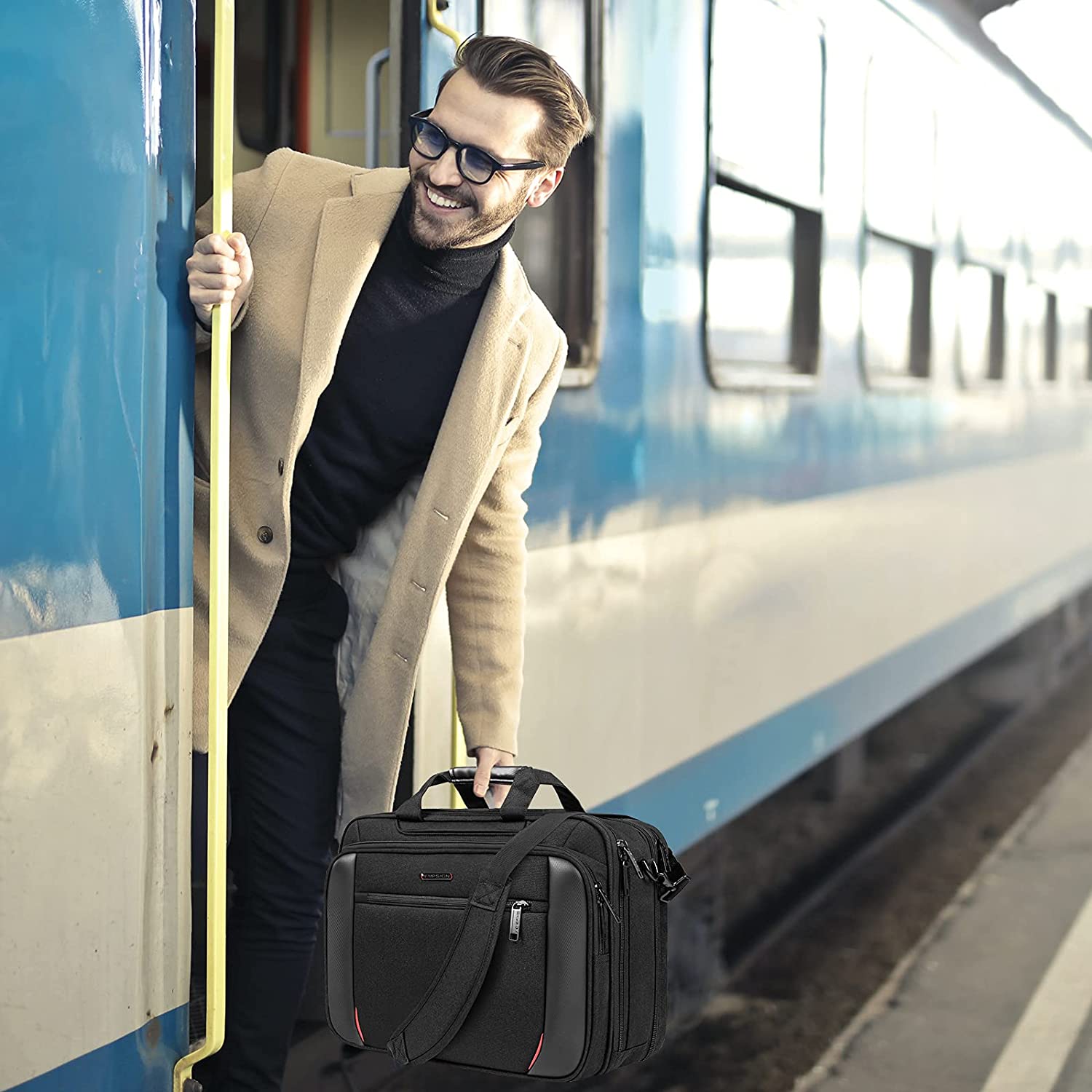 EMPSIGN Laptop Case Briefcase, 17.3 Inch Laptop Bag Expandable Messenger Bag for Men & Women Water Repellent, RFID Blocking Shoulder Bag Canvas Bag for Work, Business Commute Travel School-Black - Image 6